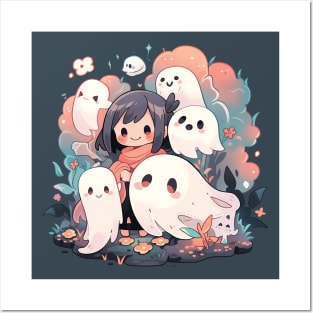 Girl and Sheet Ghosts Companions in Spooky Month Posters and Art